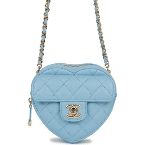 Love Heart Clutch with Chain Blue Lambskin Light Gold Hardware